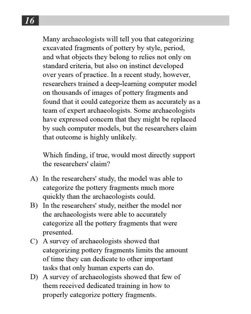 current SAT critical reasoning passage archaeologists